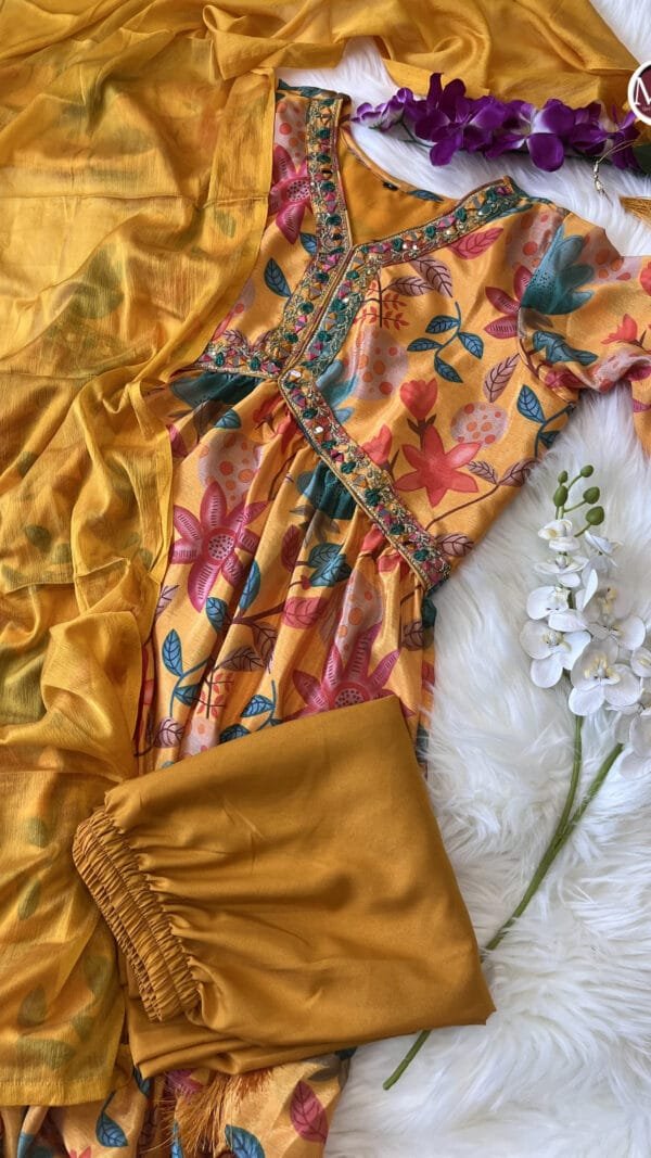 Yellow Colour Premium Chinon Alia Cut Dresses