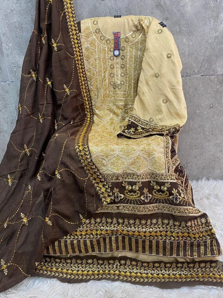 HEAVY CHINON WITH EMBROIDERY SEQUENCES WORK BEL SLEEVES AND LESS BODER TOP & PALAZZO DRESS main image 0