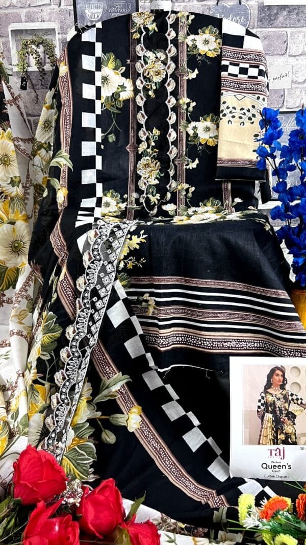 Black Colour Pure Cotton Print with heavy embroidery Suits
