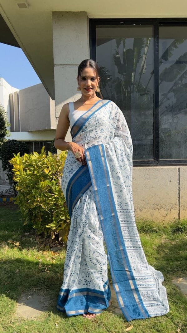 Blue Colour New Kalamkari Print 1 Minute Ready To Wear Saree