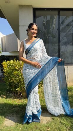 Blue Colour New Kalamkari Print 1 Minute Ready To Wear Saree