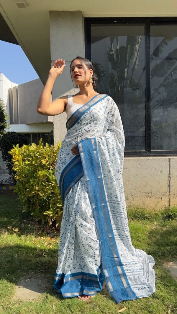 Blue Colour New Kalamkari Print 1 Minute Ready To Wear Saree