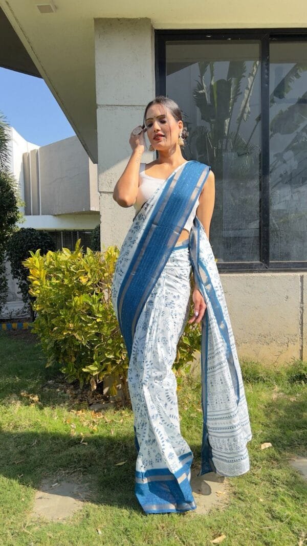 Blue Colour New Kalamkari Print 1 Minute Ready To Wear Saree