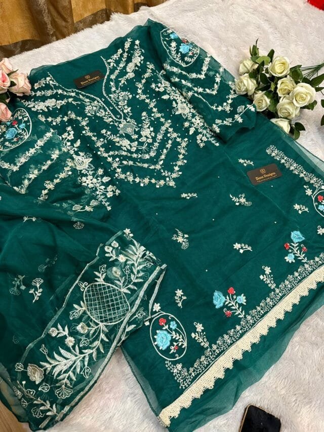 Blue Grey Colour Organza Embroidered, handwork Suits