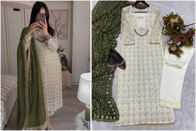 Green Grey Colour Readymade Desirable Fancy Faux Georgette Suits
