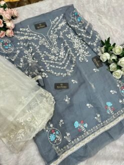 Grey Colour Organza Embroidered, handwork Suits
