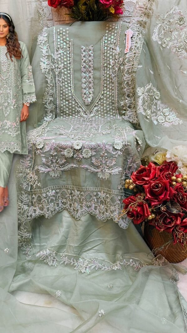 Grey Green Colour ORGANZA EMBROIDERED Suits