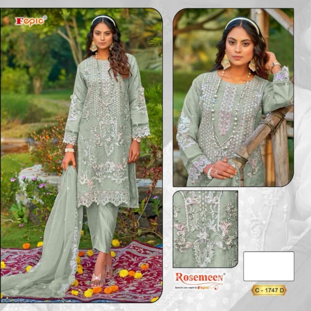 Grey Green Colour ORGANZA EMBROIDERED Suits
