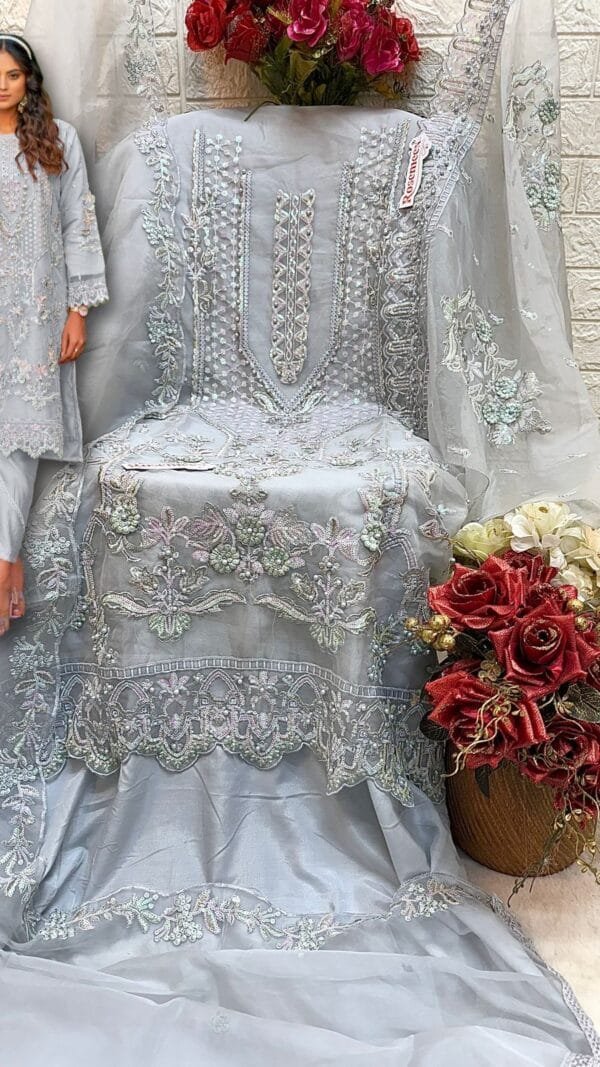 Grey White ORGANZA EMBROIDERED Suits