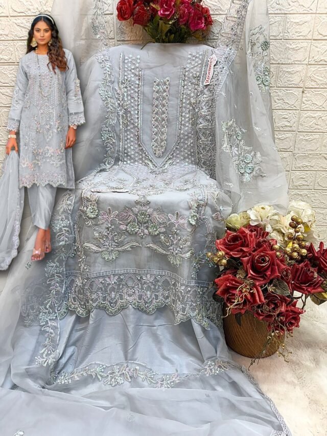 Grey White ORGANZA EMBROIDERED Suits