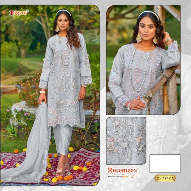 Grey White ORGANZA EMBROIDERED Suits