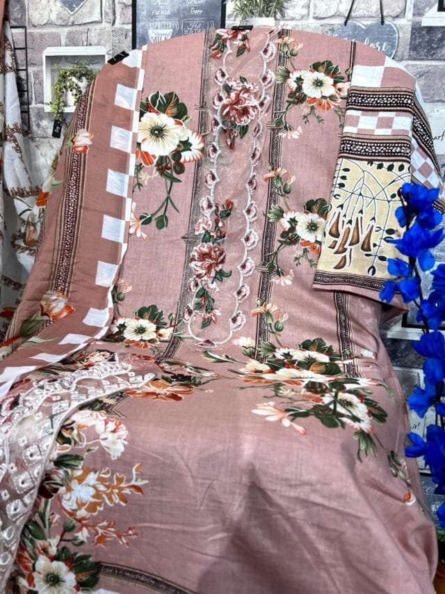 Light Brown Colour Pure Cotton Print with heavy embroidery Suits