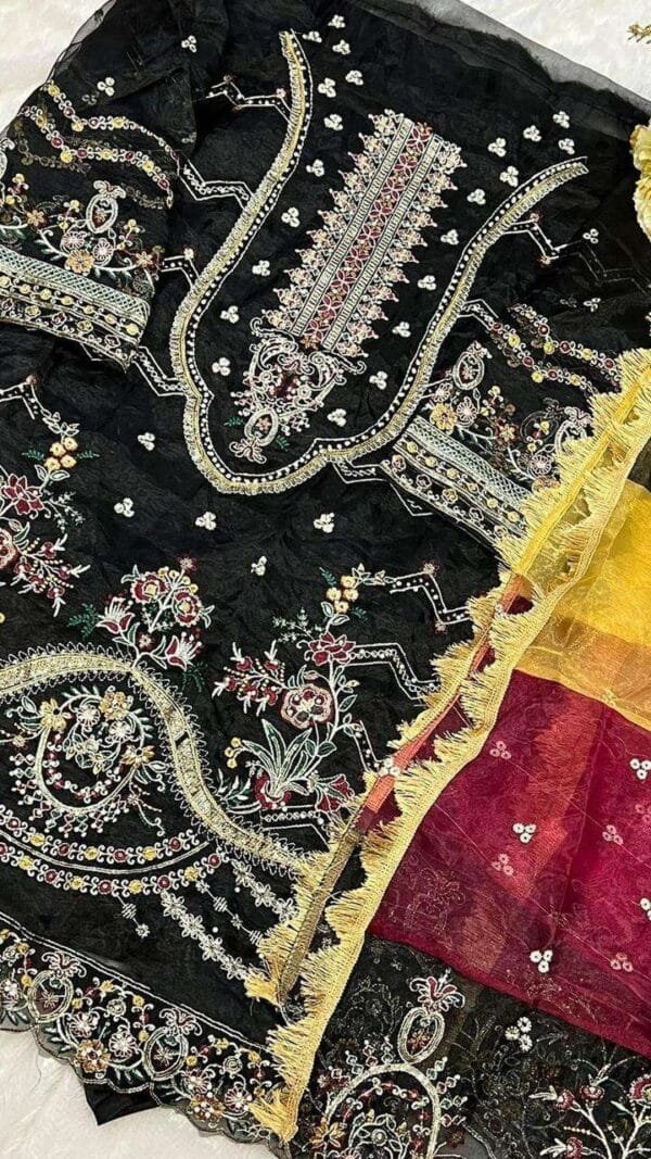 Magic Black Colour Orgnza With Embroidery Work Suits
