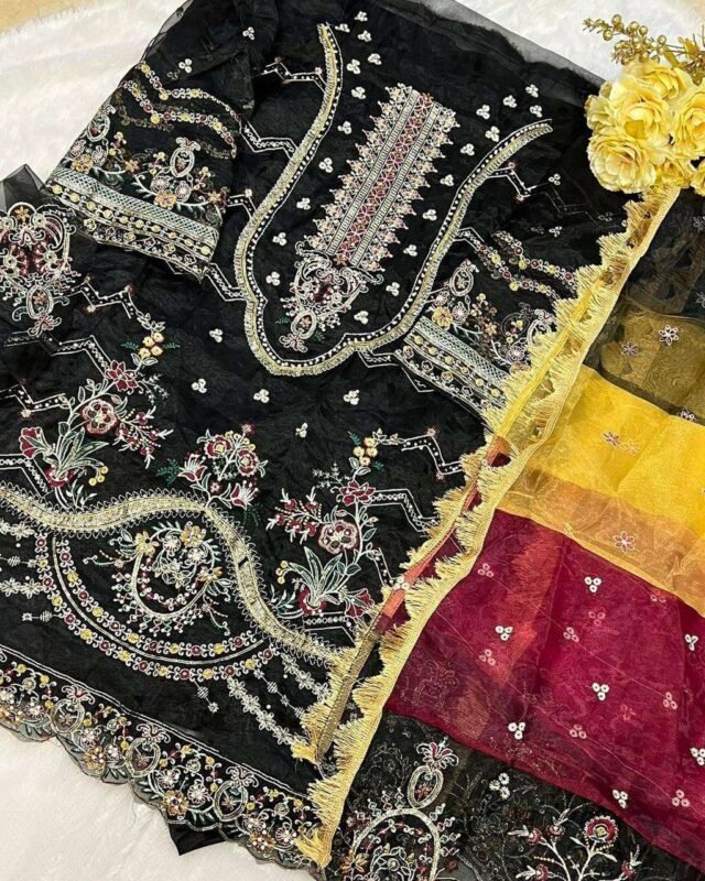Magic Black Colour Orgnza With Embroidery Work Suits