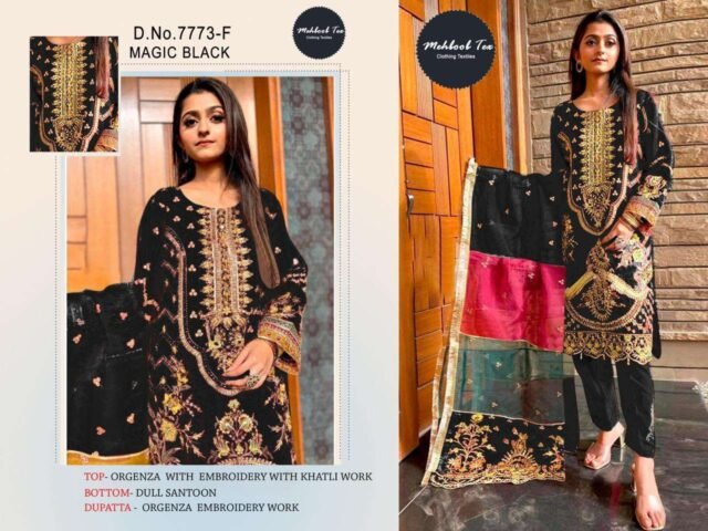 Magic Black Colour Orgnza With Embroidery Work Suits