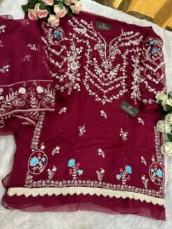Maroon Colour Organza Embroidered, handwork Suits