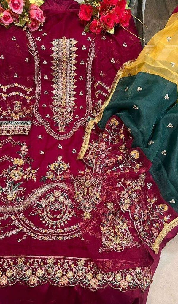Maroon Colour Orgnza With Embroidery Work Suits