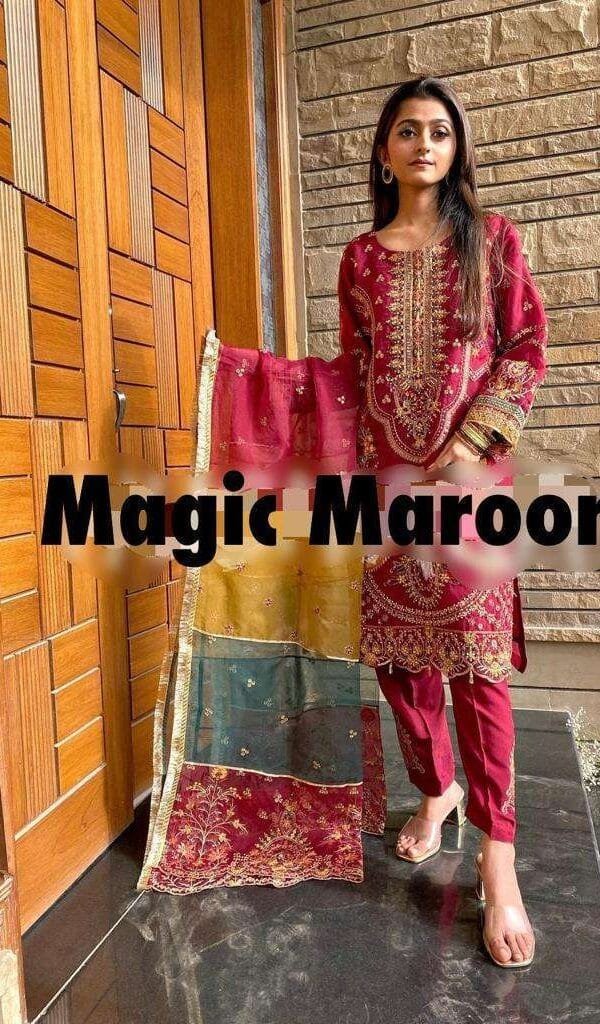 Maroon Colour Orgnza With Embroidery Work Suits