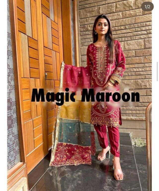 Maroon Colour Orgnza With Embroidery Work Suits