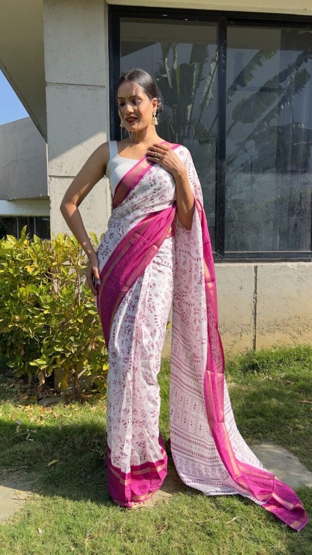 Megenta Colour New Kalamkari Print 1 Minute Ready To Wear Saree