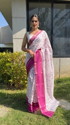 Megenta Colour New Kalamkari Print 1 Minute Ready To Wear Saree