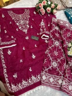 Megenta Colour Organza Embroidered, handwork Suits
