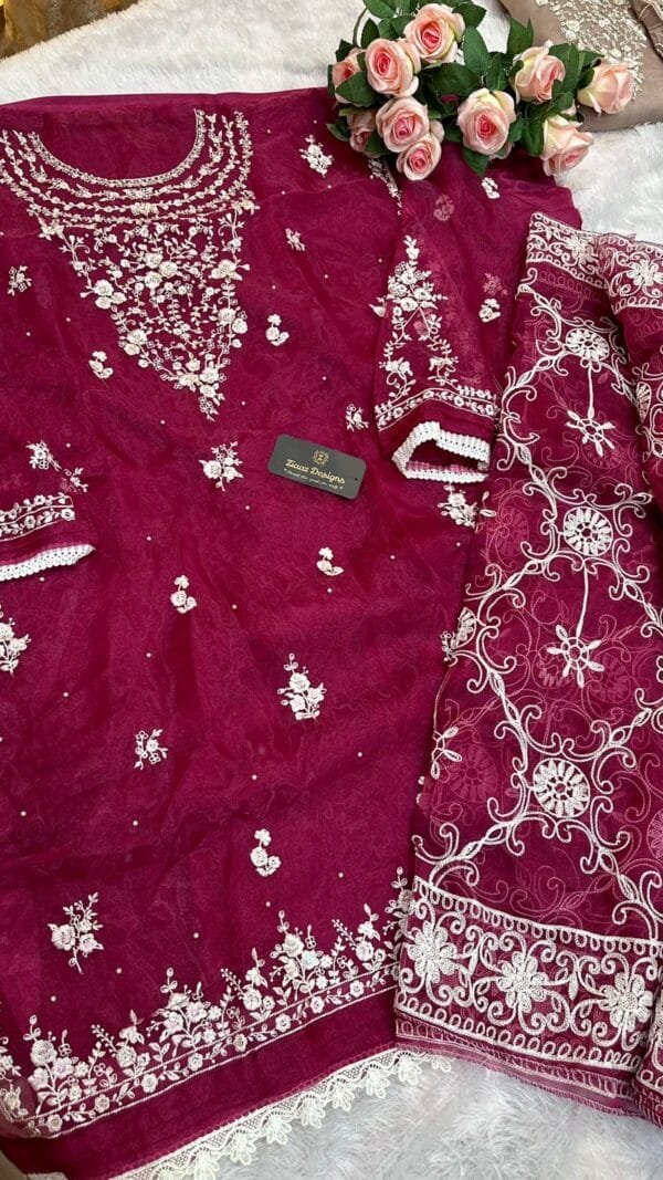 Megenta Colour Organza Embroidered, handwork Suits