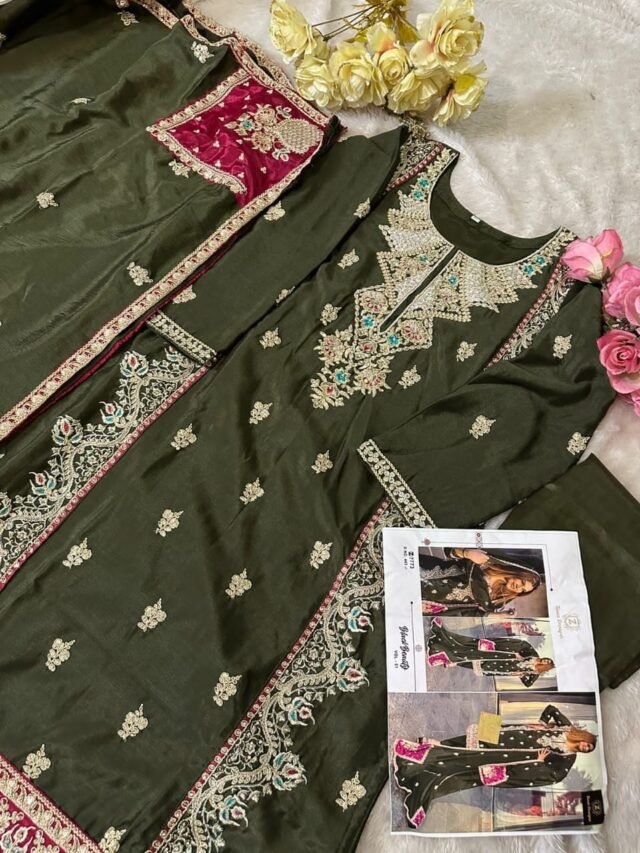 Mendhi Colour Chinon Semi stitched Suits