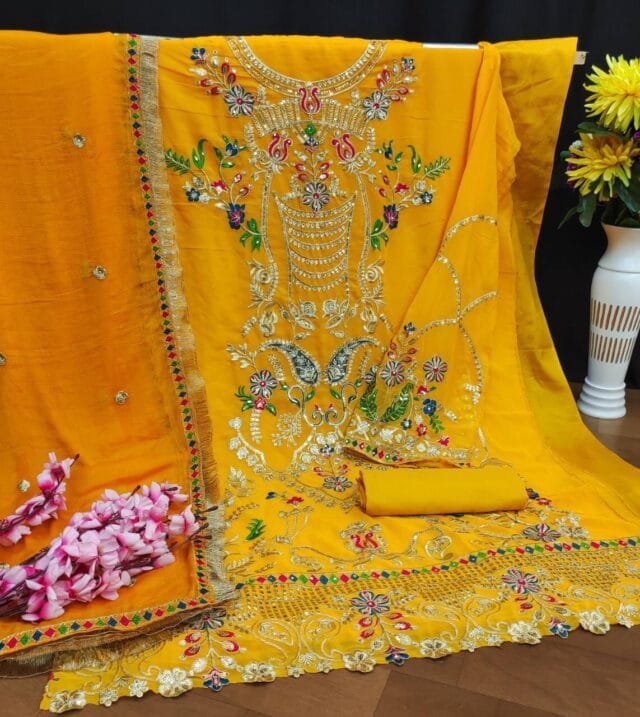 Orenge Colour Georgette With Siqunce Embroidery Work Suits