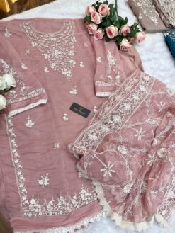 Pink Colour Organza Embroidered, handwork Suits