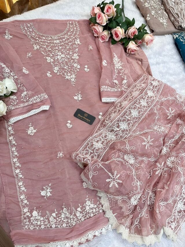 Pink Colour Organza Embroidered, handwork Suits