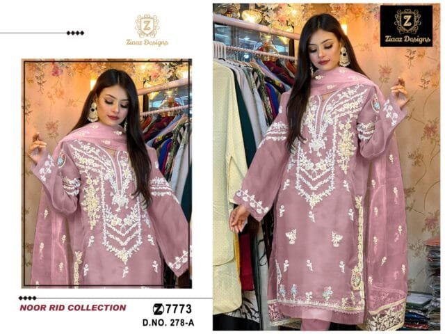 Pink Colour Organza Embroidered, handwork Suits