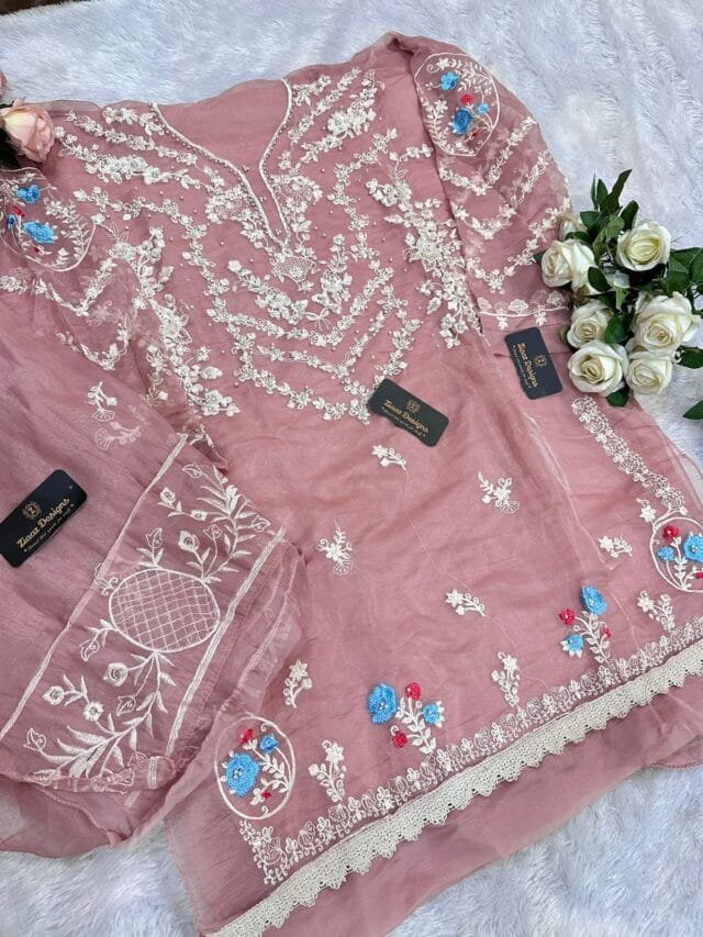 Pink Colour Organza Embroidered, handwork Suits