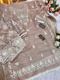 Pink Grey Colour Organza Embroidered, handwork Suits