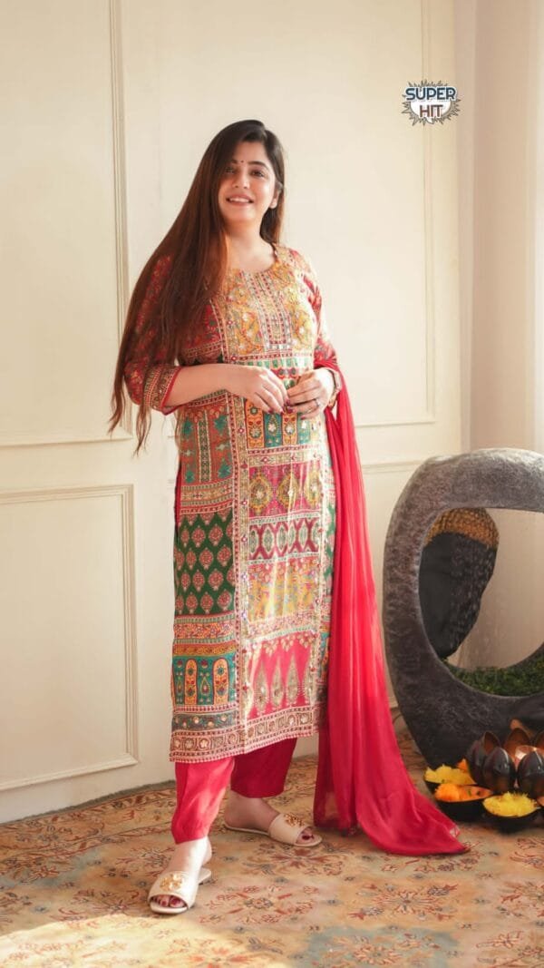 Red Colour printed Maslin with full Sequence Work kurta
