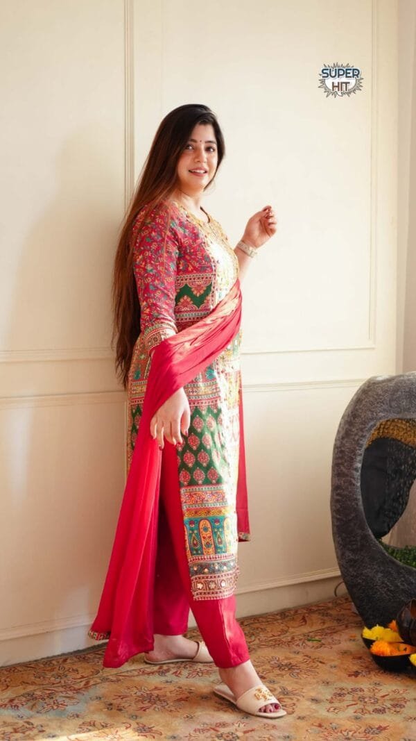 Red Colour printed Maslin with full Sequence Work kurta