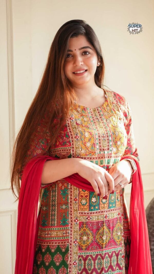 Red Colour printed Maslin with full Sequence Work kurta