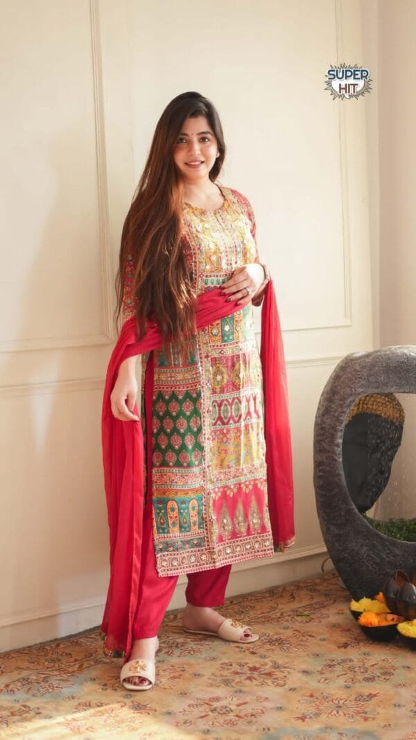 Red Colour printed Maslin with full Sequence Work kurta