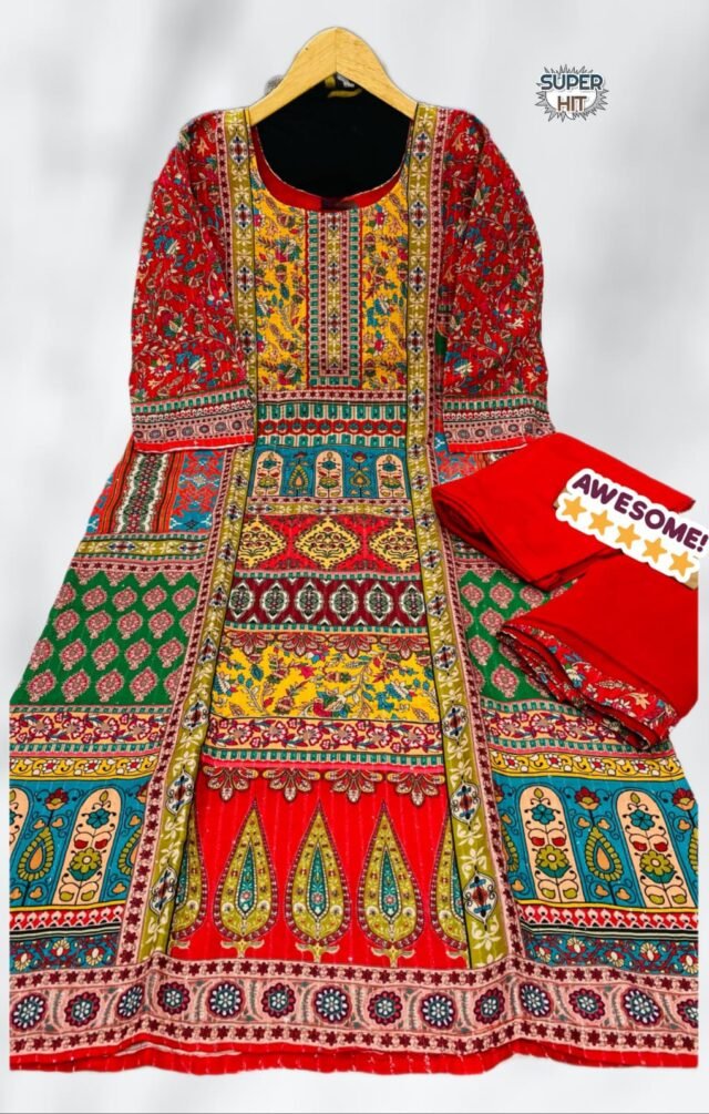 Red Colour printed Maslin with full Sequence Work kurta