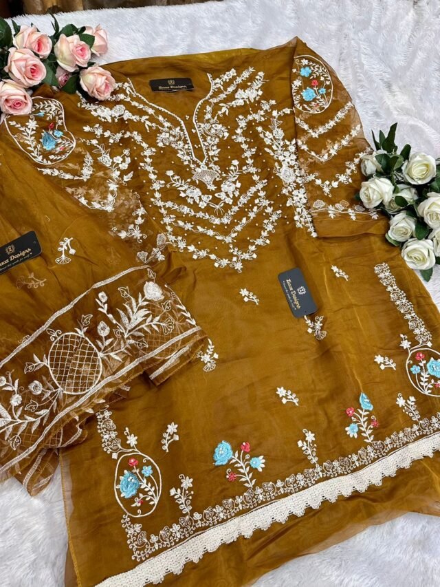 Sepiya Colour Organza Embroidered, handwork Suits