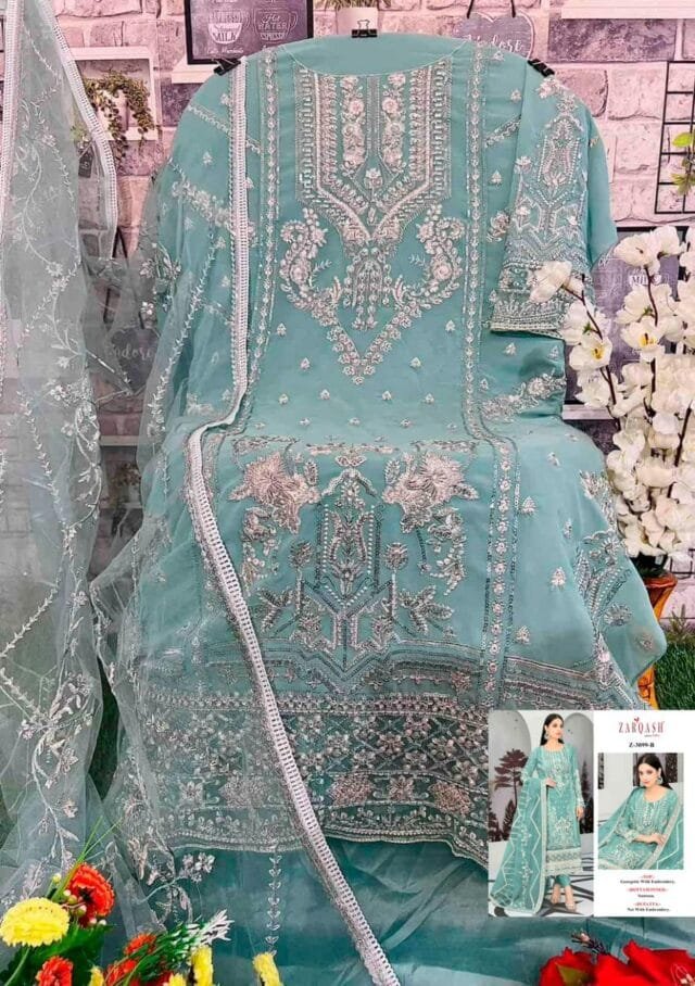 Sky Blue Colour Fox georgette Embroidered Suits