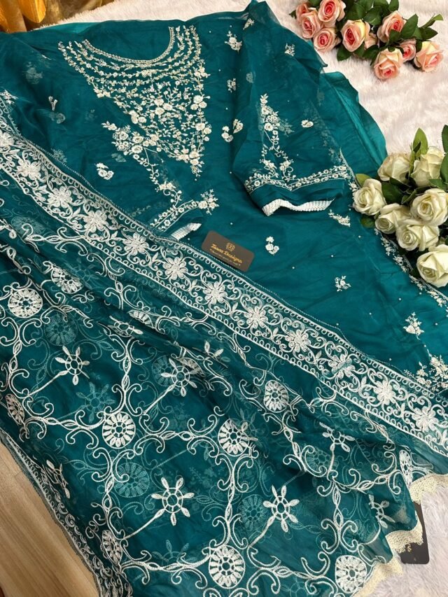 Sky Blue Colour Organza Embroidered, handwork Suits