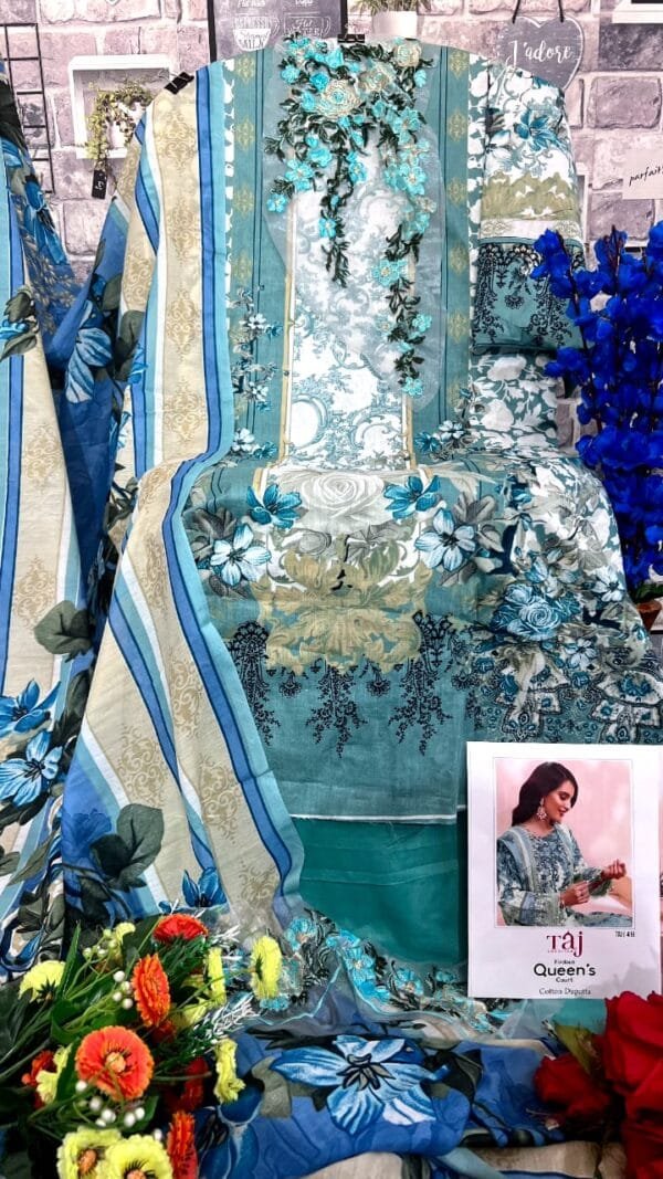 Sky Blue Colour Pure Cotton Print with heavy embroidery Suits