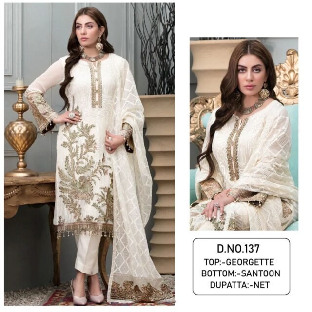 White Colour Georgette With Sequence Embroidery & Diamond Work Suits