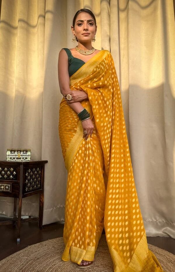 Yellow Colour Banarasi Soft Silk Saree