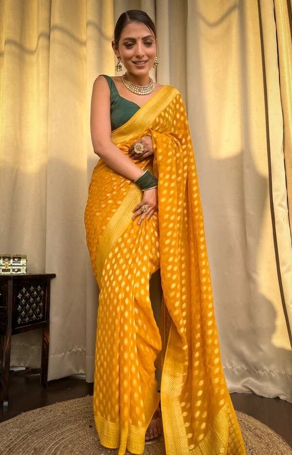 Yellow Colour Banarasi Soft Silk Saree