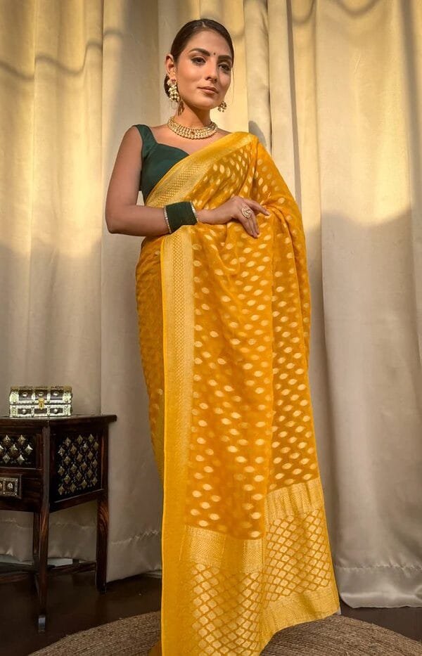 Yellow Colour Banarasi Soft Silk Saree