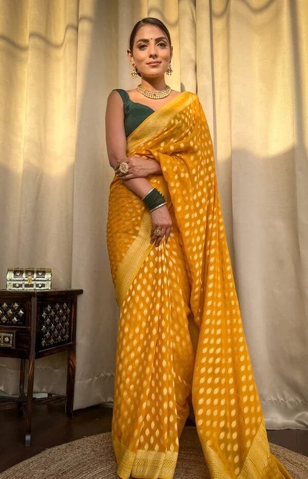 Yellow Colour Banarasi Soft Silk Saree