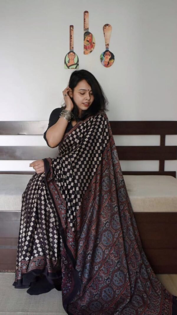 Ajrakh Digital Print Muslin fabric Saree