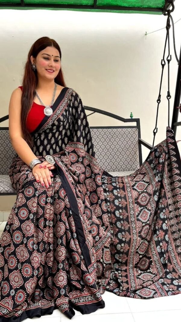 Ajrakh Digital Print Muslin fabric Saree